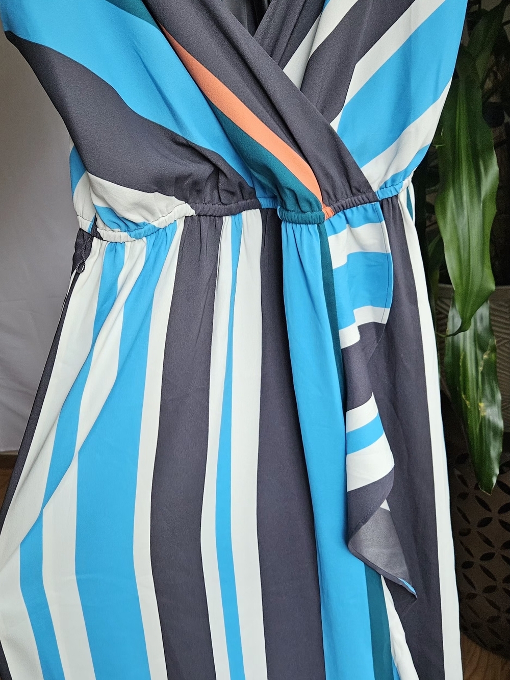 ​ANN TAYLOR LOFT Striped Faux Wrap Maxi Dress Small Blue Teal Orange Ruffle - Picture 5 of 16